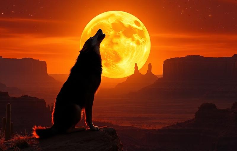 Wild west wolf themed slot with golden moons and desert landscape